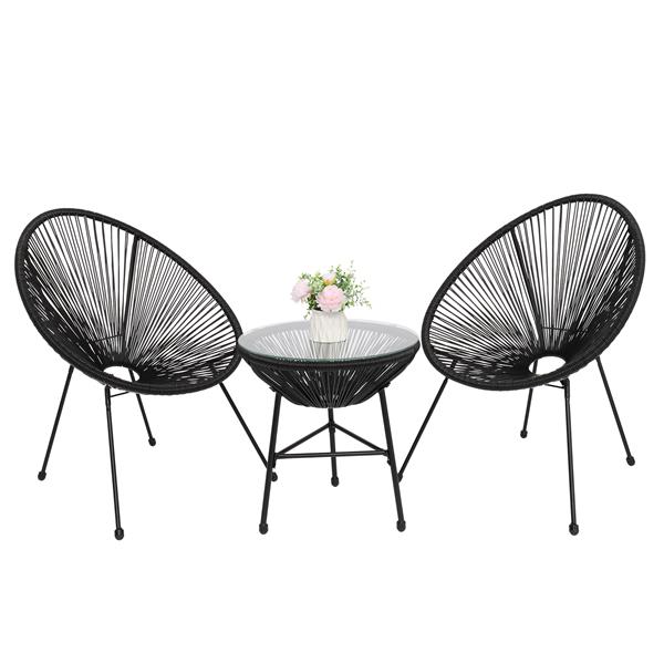 3-Piece All-Weather Patio Acapulco Bistro Furniture Set with 2 Chairs &amp; Glass Top Table Black