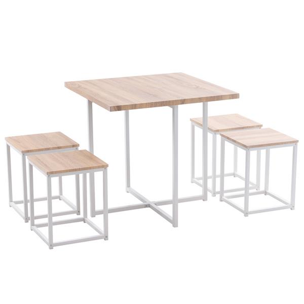 5 Piece Dining Table Set, Dining Set for 4, PVC Table and 4 Stools, Light Oak Color &amp; White