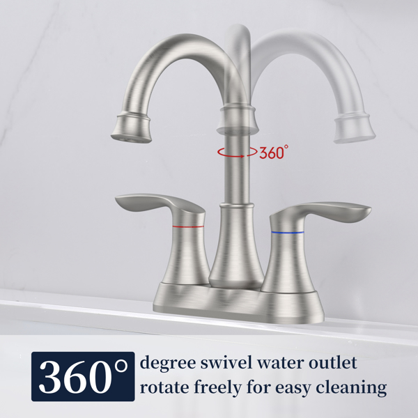 Bathroom Faucet Brushed Nickel with Pop-up Drain &amp; Supply Hoses Two-Handle 360 Degree High Arc Swivel Spout Centerset 4 Inch Vanity Sink Faucet 4011B-NP
