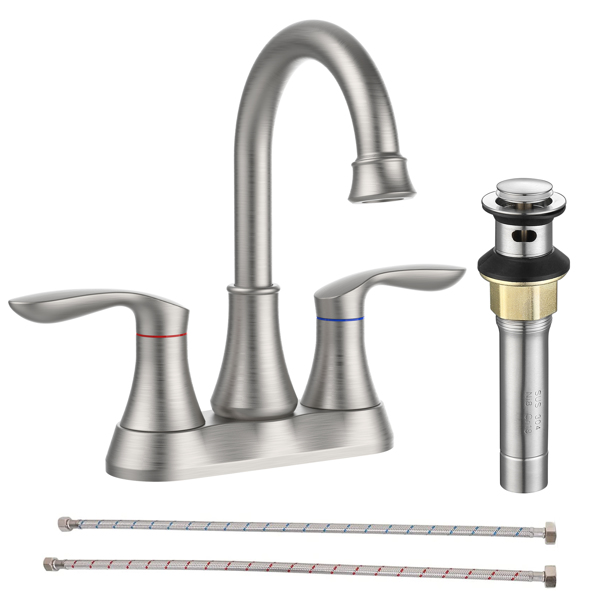 Bathroom Faucet Brushed Nickel with Pop-up Drain &amp; Supply Hoses Two-Handle 360 Degree High Arc Swivel Spout Centerset 4 Inch Vanity Sink Faucet 4011B-NP