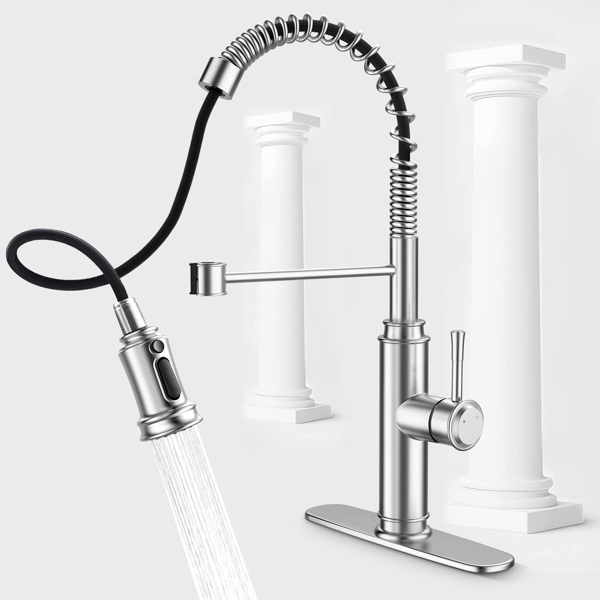 Kitchen Faucet - Spring Kitchen Sink Faucet with 3 Modes Pull Down Sprayer, Single Handle&amp;Deck Plate for 1or3 Holes, 360 Rotation, Spot Resist Stainless Steel No Lead for RV Bar Home