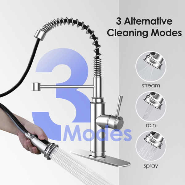 Kitchen Faucet - Spring Kitchen Sink Faucet with 3 Modes Pull Down Sprayer, Single Handle&amp;Deck Plate for 1or3 Holes, 360 Rotation, Spot Resist Stainless Steel No Lead for RV Bar Home