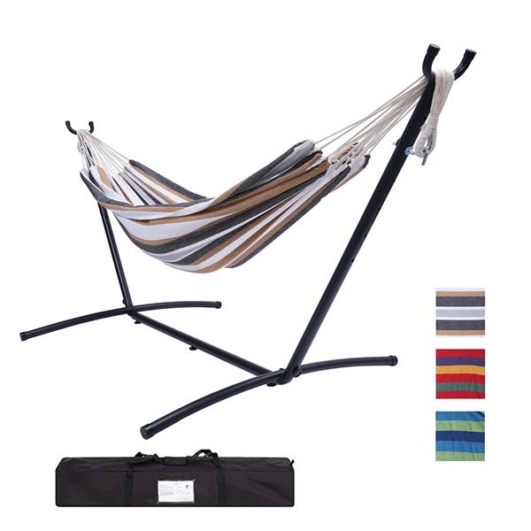 112&quot;Large Size  Classic Hammock with Stand for 2 Person- Indoor or Outdoor Use-with Carrying Pouch-Powder-coated Steel Frame - Durable 450 Pound CapacityBrown/Gray Striped