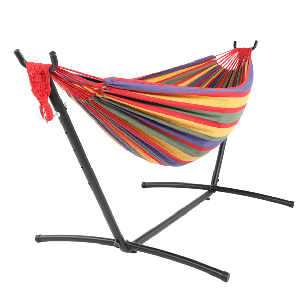 9ft Black Steel Pipe Hammock Frame with 200*150cm Polyester Cotton Hammock Four Red Strip Natural Rope Iron Hammock   Set