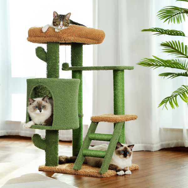 Unique Cactus Cat Tree Cat Tower with Sisal Covered Scratching Post, Cozy Condo, Plush Perches, Hanging Toy and Climbing Ladder