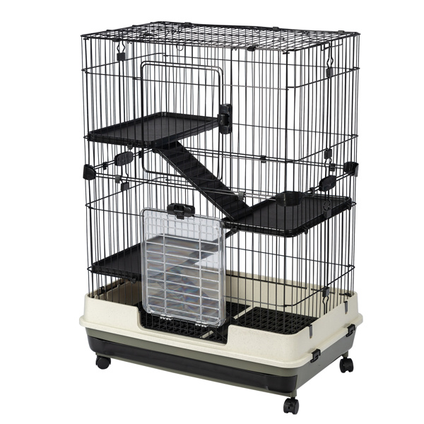 4-Tier 32&quot;Small Animal Metal Cage Height Adjustable with Lockable Casters Grilles Pull-out Tray for Rabbit Chinchilla Ferret Bunny Guinea Pig Squirrel Hedgehog