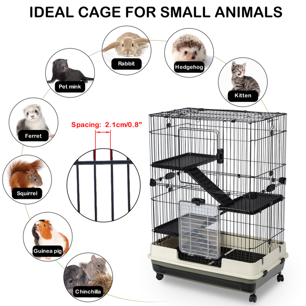 4-Tier 32&quot;Small Animal Metal Cage Height Adjustable with Lockable Casters Grilles Pull-out Tray for Rabbit Chinchilla Ferret Bunny Guinea Pig Squirrel Hedgehog