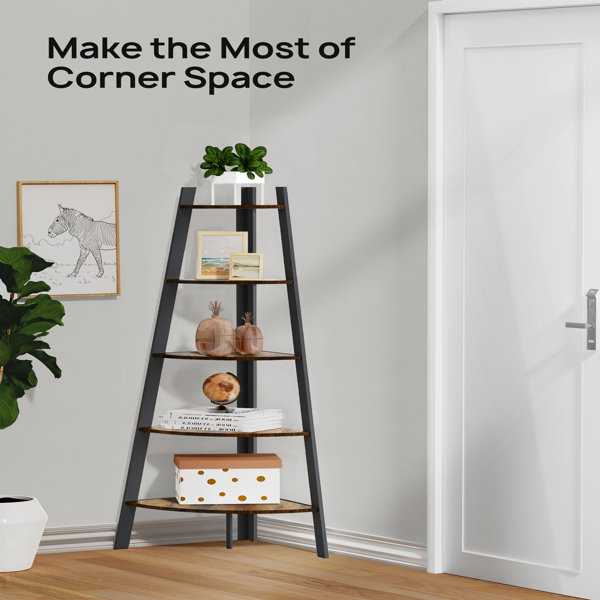 Corner Shelf, 5 Tier Corner Shelf Tall Rustic Multipurpose Bookshelf with 1.96'' Wide Frame, Industrial Ladder Shelf and Plant Stand with Support Foot Pads for Living Room, Home Office