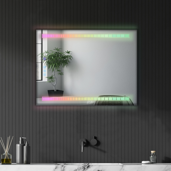 FCH 32*24in Symphony Elements Aluminum Alloy Rectangular Built-In Light Strip With Anti-Fog Touch Adjustable Brightness Power-Off Memory Three-Tone Lighting Bathroom Mirror Silver