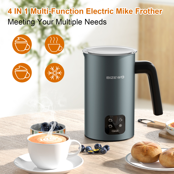 Frother for Coffee, Milk Frother, 4 IN 1 Automatic Hot and Cold Foam Maker, BIZEWO Stainless Steel Milk Steamer for Latte, Cappuccinos, Macchiato, Hot Chocolate Milk with LED Touch(Shipment from FBA)
