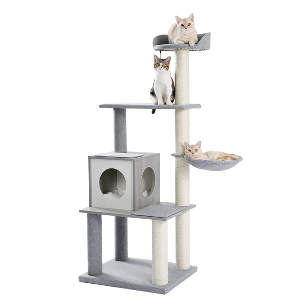 Modern Cat Tree Cat Tower with Scratching Posts, Cozy Condo, Soft Hammock and Top Perch, Dangling Ball for Small&amp;Medium Cat Grey