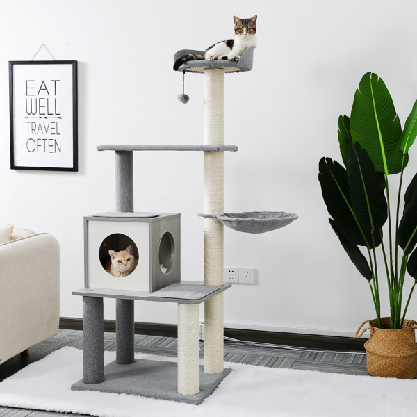 Modern Cat Tree Cat Tower with Scratching Posts, Cozy Condo, Soft Hammock and Top Perch, Dangling Ball for Small&amp;Medium Cat Grey