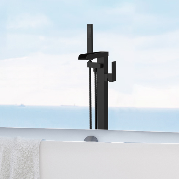 Thermostatic Freestanding Bathtub Faucet Waterfall Tub Filler Black Floor Mount Brass Bathroom Faucets with Hand Shower