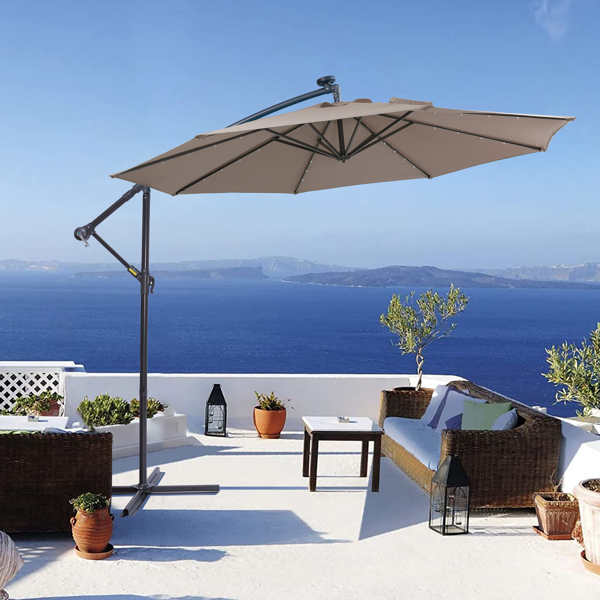 10 FT Solar LED Patio Outdoor Umbrella Hanging Cantilever Umbrella Offset Umbrella Easy Open Adustment with 32 LED Lights