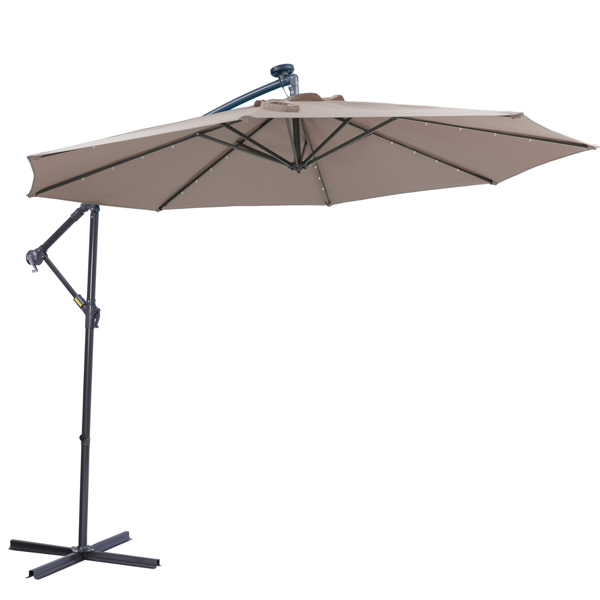 10 FT Solar LED Patio Outdoor Umbrella Hanging Cantilever Umbrella Offset Umbrella Easy Open Adustment with 32 LED Lights