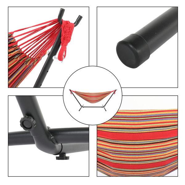 9ft Black Steel Pipe Hammock Frame with 200*150cm Polyester Cotton Hammock Red Strip Red Rope Iron Hammock   Set