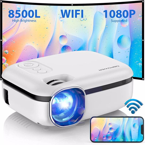 DBPOWER WiFi Mini Projector, 8500L WiFi Projector 1080P Full HD Supported &amp; 240&quot; Display Video Projector, Mini Portable Projector, RD-823 White