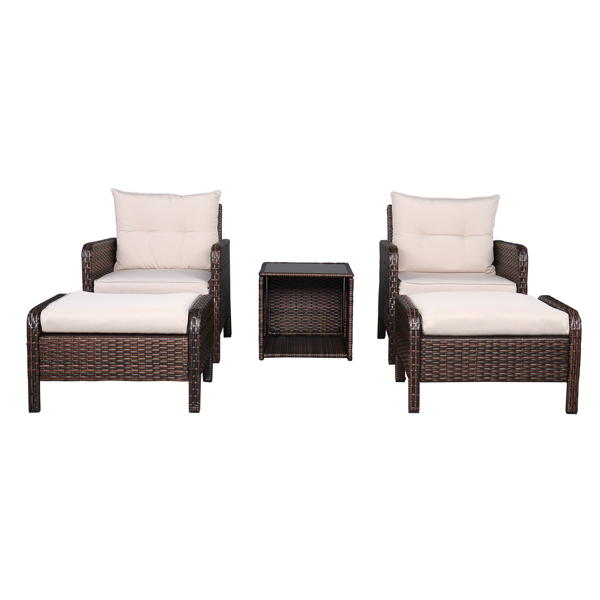 2pcs Single Sofa2pcs Footstool &amp;1pc Coffee Table  Round Corner Armrests Five-Piece Rattan Set Brown Gradient