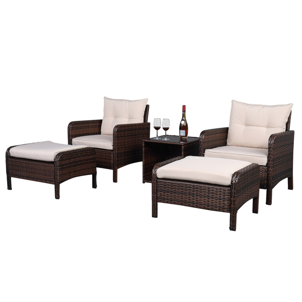 2pcs Single Sofa2pcs Footstool &amp;1pc Coffee Table  Round Corner Armrests Five-Piece Rattan Set Brown Gradient