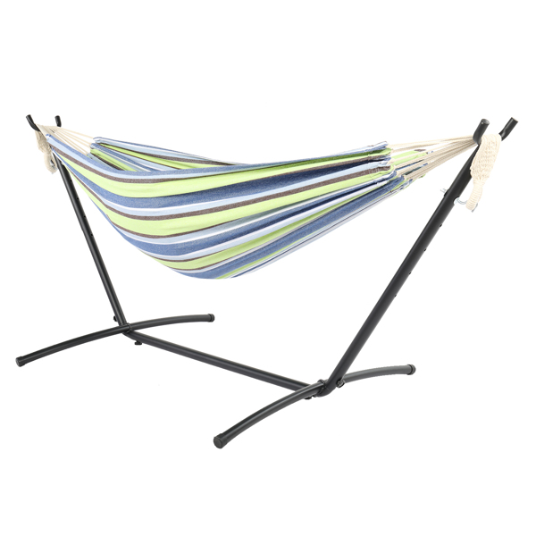 9ft Black Steel Pipe Hammock Frame with 200*150cm Polyester Cotton Hammock Green Strip Natural Rope Iron Hammock   Set