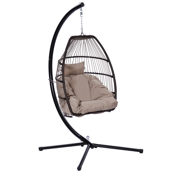 Patio Wicker folding Hanging Chair,Rattan Swing Hammock Egg Chair with X type Base and C Type bracket , with cushion and pillow,for Patio,Bedroom Balcony,Indoor,Outdoor