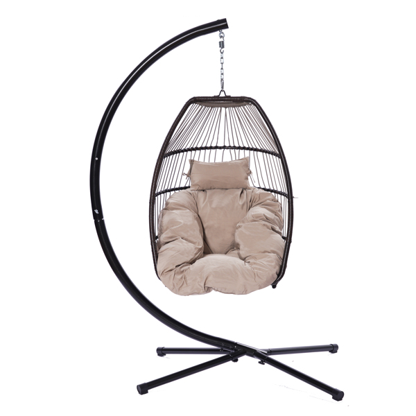 Patio Wicker folding Hanging Chair,Rattan Swing Hammock Egg Chair with X type Base and C Type bracket , with cushion and pillow,for Patio,Bedroom Balcony,Indoor,Outdoor