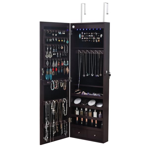 Non full mirror wooden wall mounted 4-layer shelf, 2 drawers, 8 Blue LED lights, jewelry storage mirror cabinet - Dark Brown
