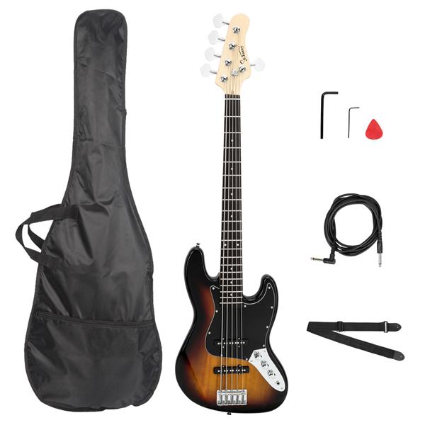 [Do Not Sell on Amazon]Glarry Gjazz Electric 5 String Bass Guitar Full Size Bag   Strap   Pick   Connector   Wrench Tool Sunset Color