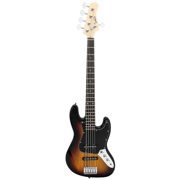 [Do Not Sell on Amazon]Glarry Gjazz Electric 5 String Bass Guitar Full Size Bag   Strap   Pick   Connector   Wrench Tool Sunset Color