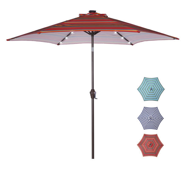 Outdoor Patio 8.7-Feet Market Table Umbrella with Push Button Tilt and Crank, Red Stripes With 24 LED Lights[Umbrella Base is not Included]