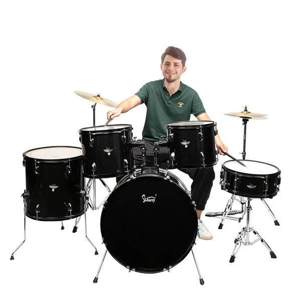 [Do Not Sell on Amazon]Glarry Full Size Adult Drum Set 5-Piece Black with Bass Drum, two Tom Drum, Snare Drum, Floor Tom, 16&quot; Ride Cymbal, 14&quot; Hi-hat Cymbals, Stool, Drum Pedal, Sticks