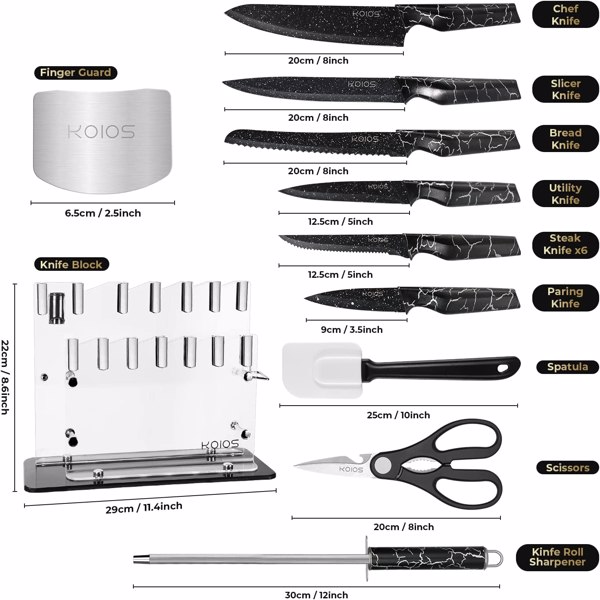 Knife Set, 16 Pcs Kitchen Knife Set, Sharp Stainless Steel Chef Knife Set with Acrylic Stand, Nonstick Knife Sets for Kitchen with Block - 6 Serrated Steak Knives, Scissors, Sharpening Steel, Black