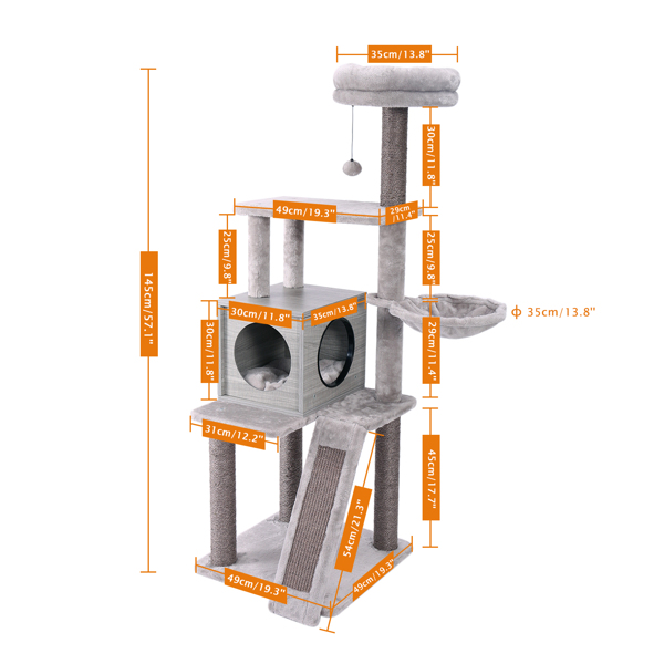 Wooden Cat Tree 4 Levels Platform for Large Cats Featuring with Fully Scratching Posts, Hammock, Padded Perch and Dangling Ball