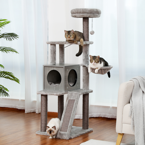 Wooden Cat Tree 4 Levels Platform for Large Cats Featuring with Fully Scratching Posts, Hammock, Padded Perch and Dangling Ball