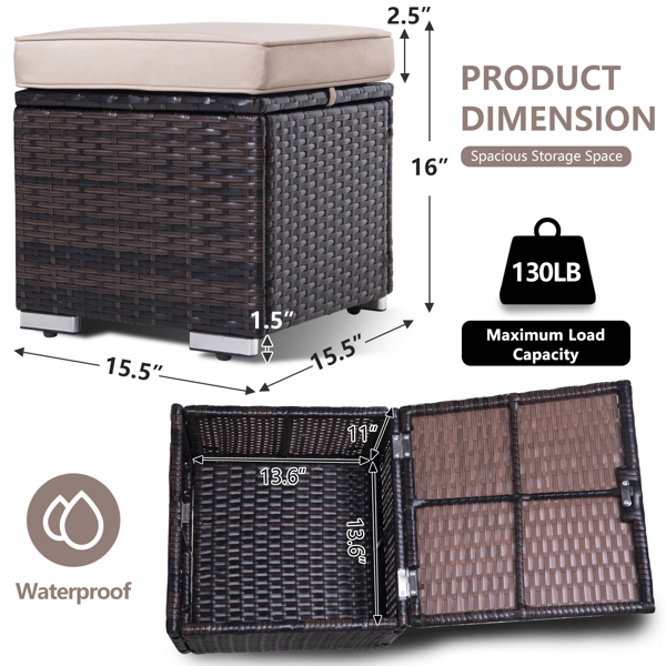 Outdoor Ottoman Patio Foot Rest 2 Pieces PE Rattan Foot Stool with Storage All Weather Outdoor Ottomans for Patio Multifunctional Waterproof Footstool Ottoman with Removable Cushion Brown