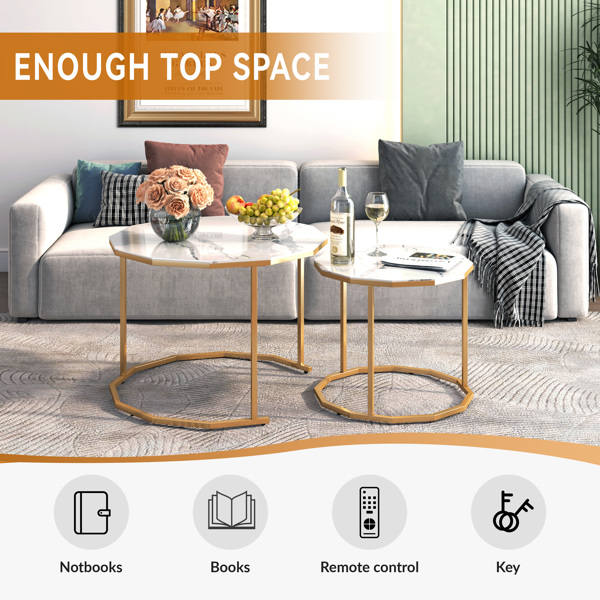 Marble Coffee Table End table 12-gon Shape, 25.6 &quot; White Artificial Marble Top and Black Metal Legs can be used in living room, outdoor, anti-tip.(white+golden,25.6&quot;W x 25.6&quot;D x 18.4&quot;H)