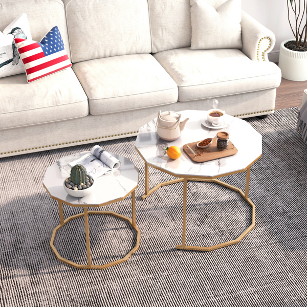 Marble Coffee Table End table 12-gon Shape, 25.6 &quot; White Artificial Marble Top and Black Metal Legs can be used in living room, outdoor, anti-tip.(white+golden,25.6&quot;W x 25.6&quot;D x 18.4&quot;H)