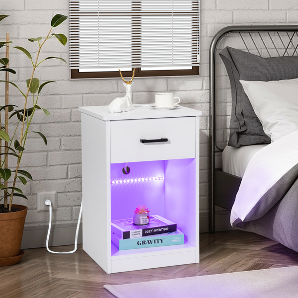 FCH 40*35*60cm Particleboard Pasted Triamine Single Drawer With Socket With LED Light Bedside Table White