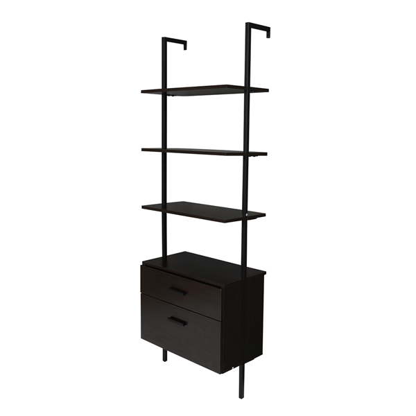 Industrial Bookshelf with Wood Drawers and Matte Steel Frame