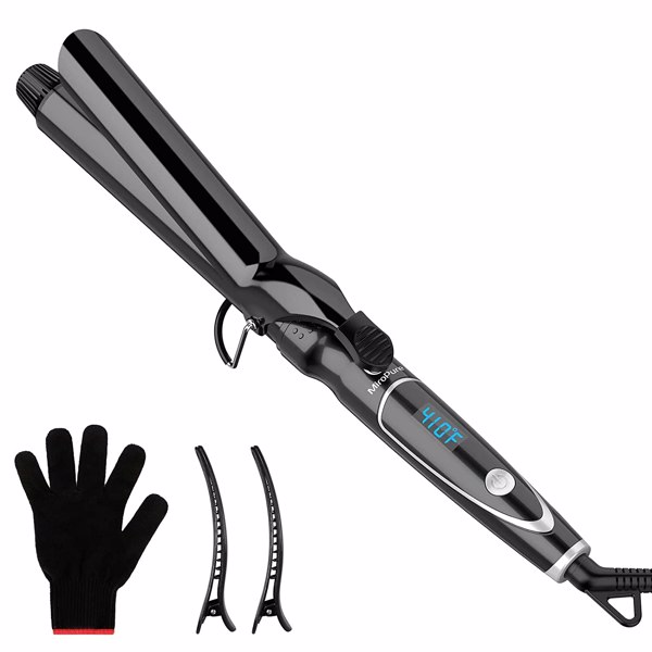 Curling Iron 1 1/4-inch Dual Voltage Instant Heat with Ceramic Coating, LED Display, 6 Temp Settings, Glove Included, Black