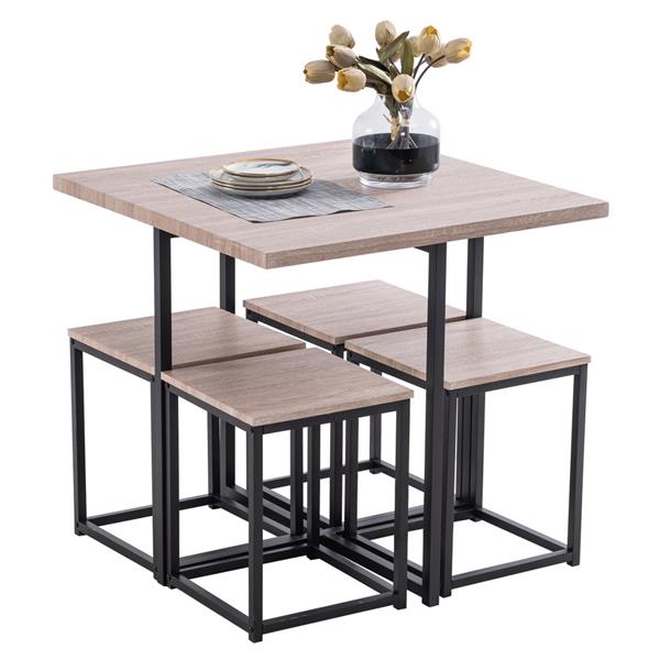 5 Piece Dining Table Set, Dining Set for 4, PVC Table and 4 Stools, Dark Oak Color &amp; Black
