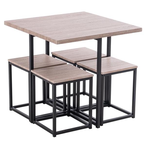 5 Piece Dining Table Set, Dining Set for 4, PVC Table and 4 Stools, Dark Oak Color &amp; Black
