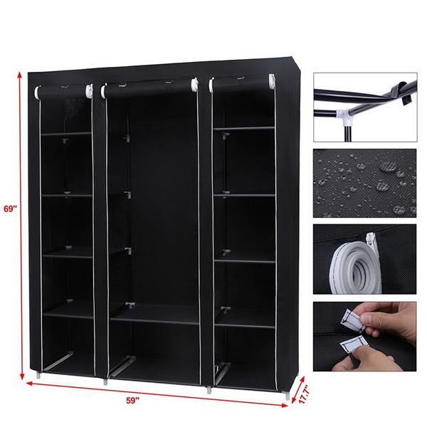 69&quot; Portable Clothes Closet Wardrobe Storage Organizer with Non-Woven Fabric Quick and Easy to Assemble Extra Strong and Durable Black