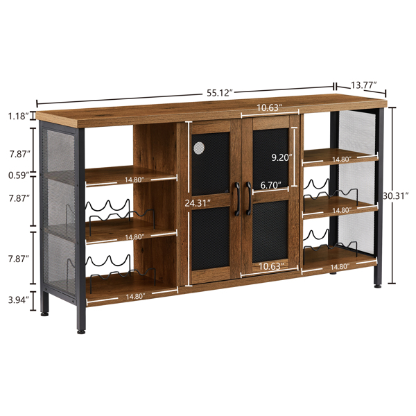 Wine cabinet for wine and glass, rustic wood wine cabinet with storage, multifunctional floor wine cabinet for living room (Hazelnut Brown, 55.12''L*13.78''W*30.31'' H)