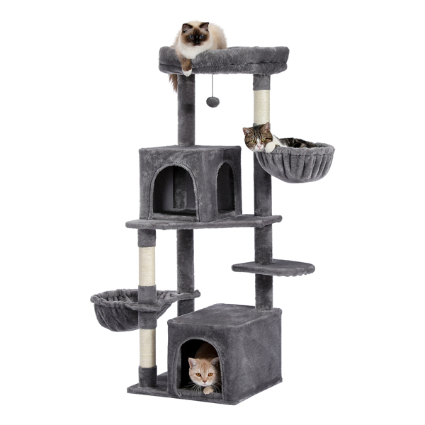 Cat Tree Modern Cat Tower Multilevel Cat Play House with Sisal Scratching Posts, Large Condo, Dual Spacious Hammock, Cozy Top Perch and Dangling Balls Grey (Minimum Retail Price for US: USD 99.99)