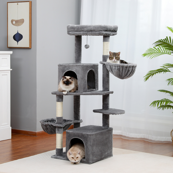 Cat Tree Modern Cat Tower Multilevel Cat Play House with Sisal Scratching Posts, Large Condo, Dual Spacious Hammock, Cozy Top Perch and Dangling Balls Grey (Minimum Retail Price for US: USD 99.99)