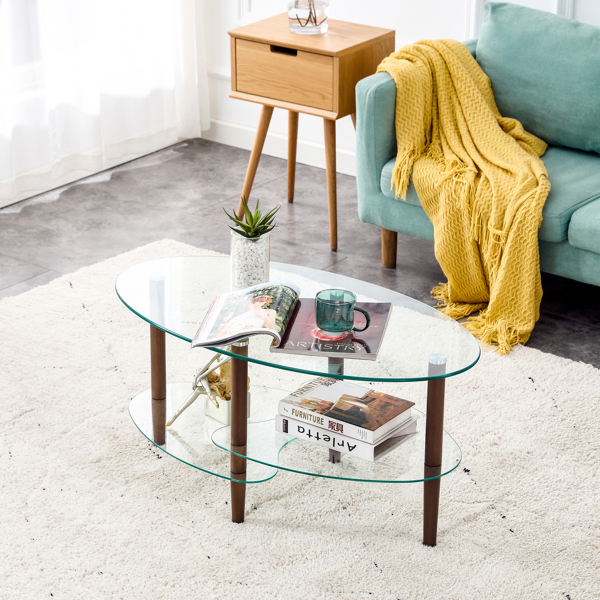 Oval glass coffee table, modern table in living room Oak wood leg tea table 3-layer glass table