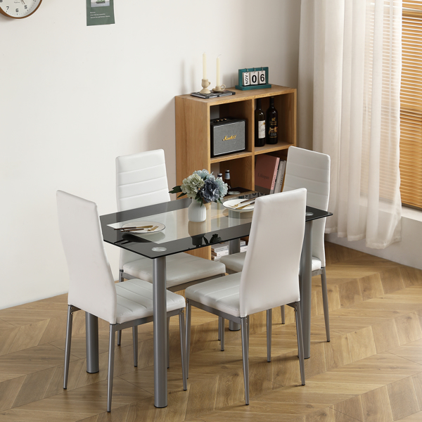 5-piece dining table set, equipped with 1 black wrapped glass dining table and 4 PVC white chairs, suitable for kitchen and dining room (this product will be split into two packages)