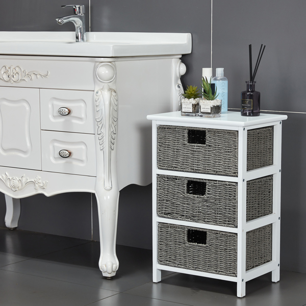 White Nightstand with 3 Drawers, Bedside Tables for Hallway, Accent End Table Bedroom,Dresser Storage Tower with Wood Top, Organizer Unit for Closets, Easy Pull Basket Bins(Grey Paper )