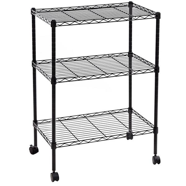 3-Layer Plastic Coated Iron Shelf with 1.5&quot; Plastic Wheels 350*600*850 Black